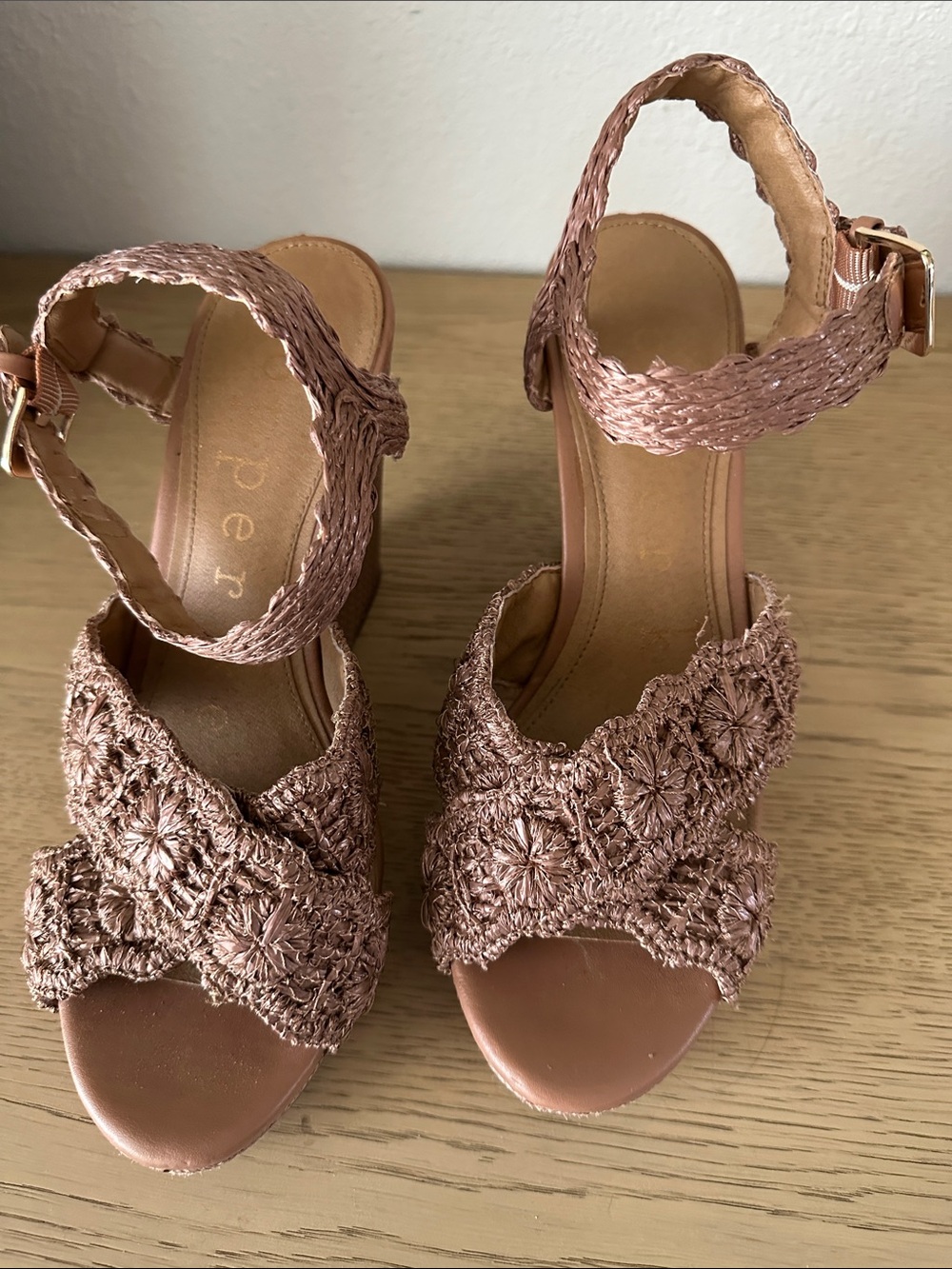 Copper Key Braided Ankle-Strap Heeled Sandals in Rose Gold